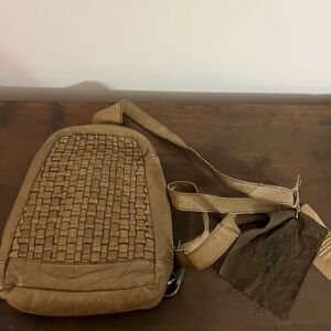 Vilenca Holland Brown Cognac Woven Leather Medium Sling Bag Backpack Crossbody